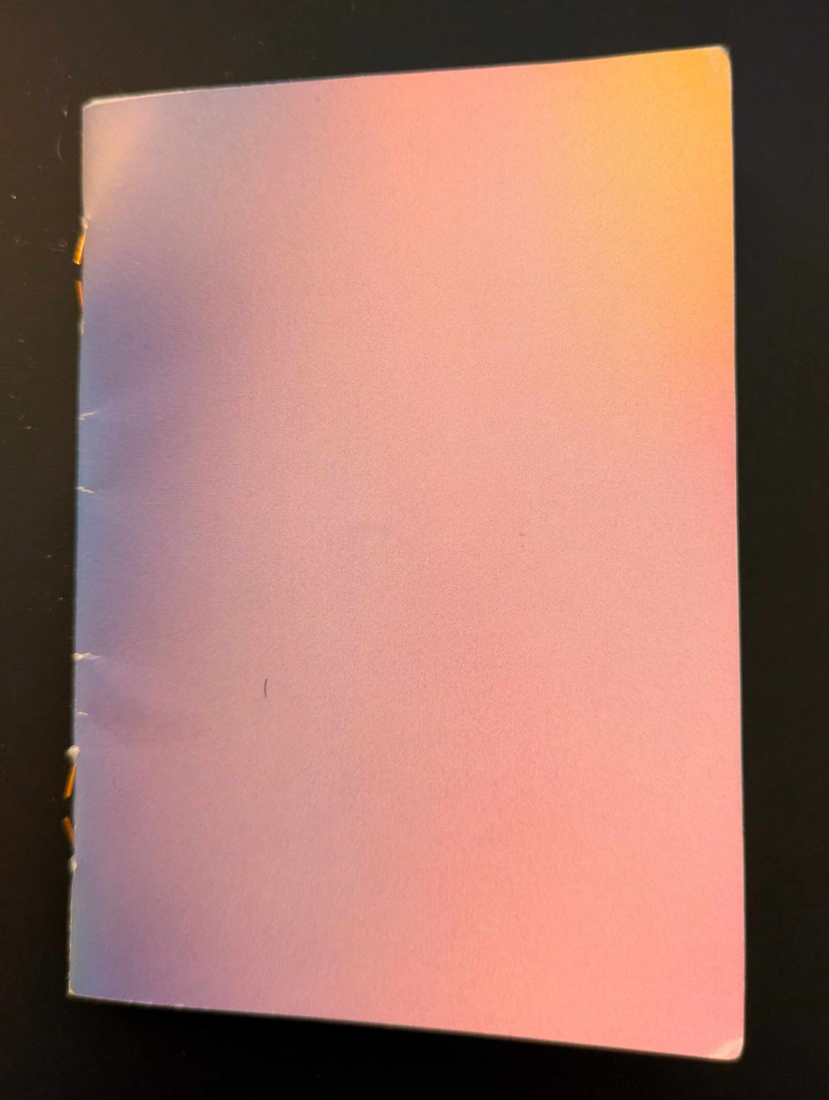 Picture of said notebook before a black background. It features a pink and blue gradient on its cover.